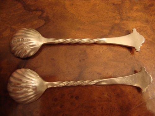 fig 1. London 1864/65 pair of solid silver Onslow pattern salt spoons with shell bowls.