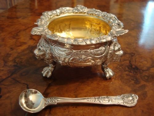 fig 1. Stunning George IV period very large and heavy London 1823/24 solid silver master salt and spoon made by Samuel Wheatley.