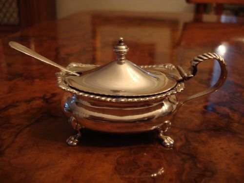 fig 1. Birmingham 1930 solid silver large oval mustard pot and spoon.