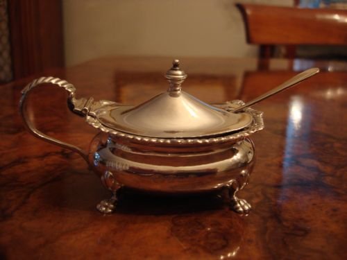 Birmingham 1930 solid silver large oval mustard pot and spoon.