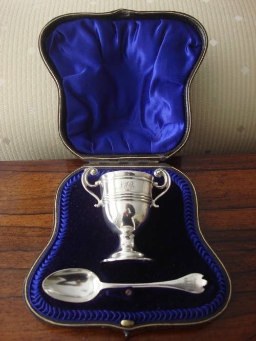 fig 1. London 1905/06 solid silver twin handled egg cup and spoon by Jackson and Fullerton.