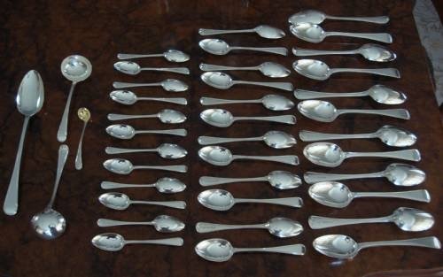 fig 1. 18th/19thC George III period superb  English hallmarked solid silver large 93 piece cutlery canteen for 12 people, including serving pieces, fitted within two wood cases.