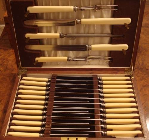 fig 3. 18th/19thC George III period superb  English hallmarked solid silver large 93 piece cutlery canteen for 12 people, including serving pieces, fitted within two wood cases.