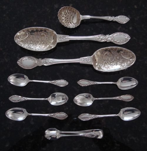 fig 1. 19th century Victorian unusual 10 piece silver plate berry spoon or fruit or dessert service in original fitted case.
