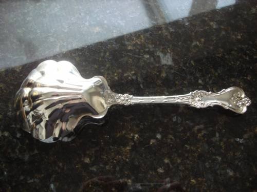 fig 1. An early twentieth-century sterling silver berry spoon featuring a fluted scallop shell bowl and an ornate embossed scroll handle.