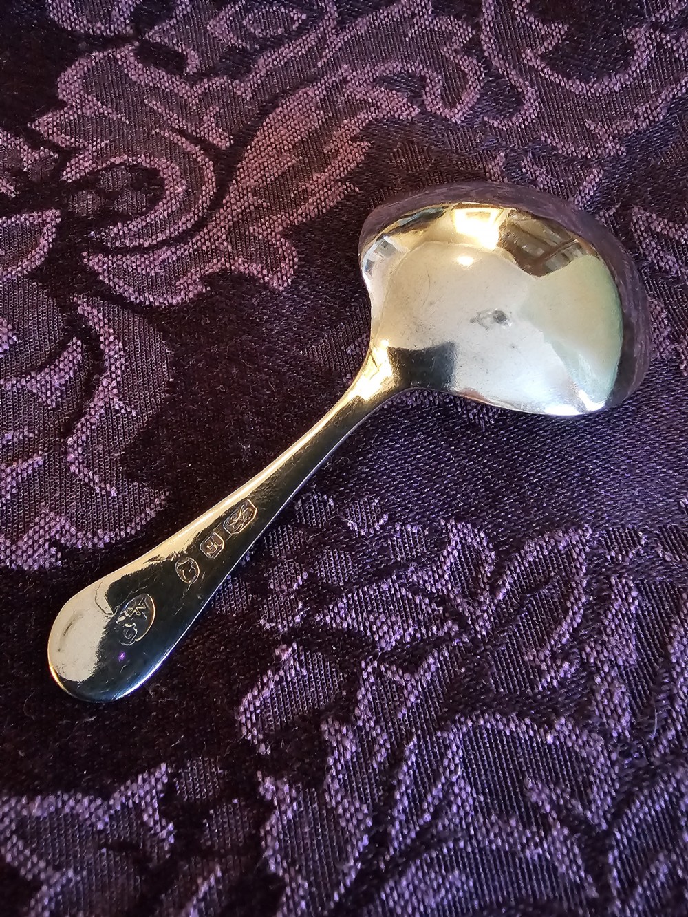 A Georgian sterling silver tea caddy spoon featuring a smooth oval bowl and a tapered handle with an engraved monogram. View II