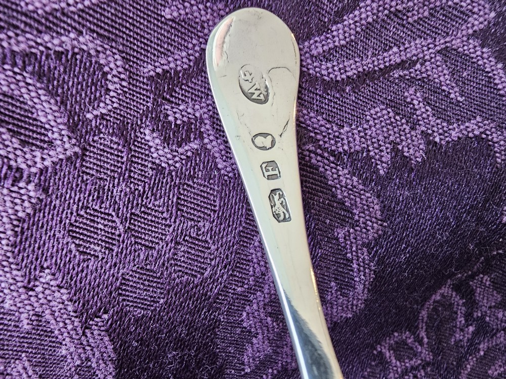 A Georgian sterling silver tea caddy spoon featuring a smooth oval bowl and a tapered handle with an engraved monogram. View III