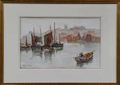 Boats in Whitby harbour by Frank Rousse, Watercolour