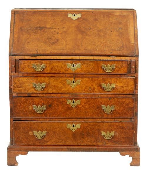 AN 18TH CENTURY FIGURED BURR WALNUT BUREAU