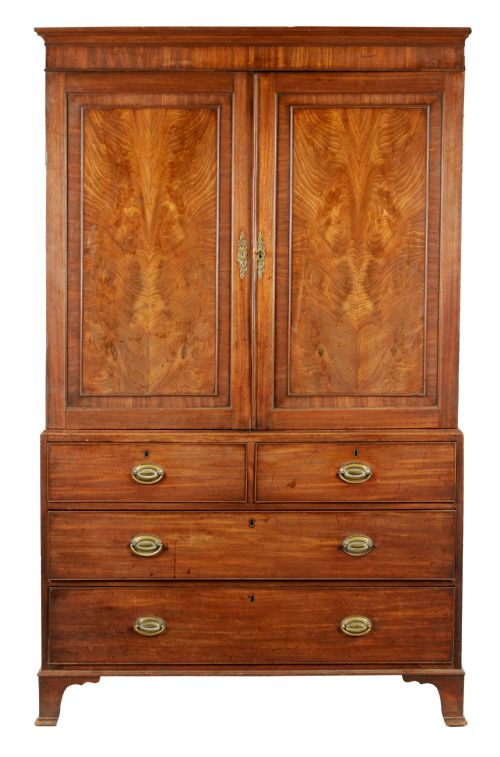 A GEORGE III MAHOGANY HANGING CLOTHES PRESS