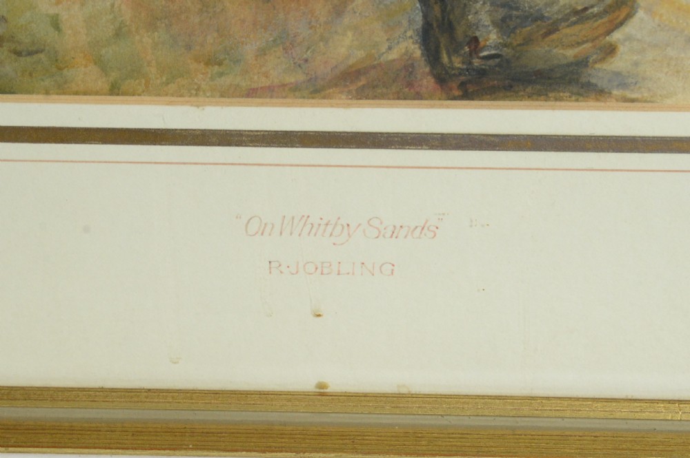 A framed watercolour painting depicting figures on a sandy coastal shoreline with cliffs in the background. View II