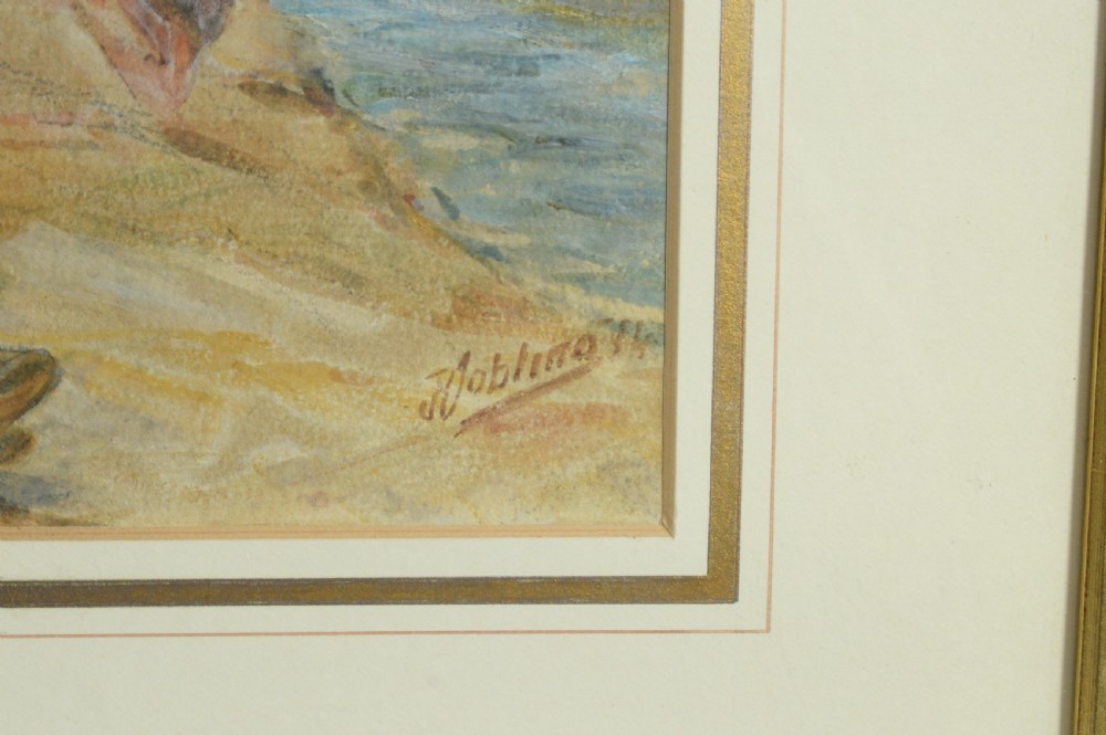 A framed watercolour painting depicting figures on a sandy coastal shoreline with cliffs in the background. View III