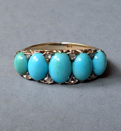 heavy victorian 18ct gold turquoise diamond ring - CATEGORY: ANTIQUE JEWELLERY - DATED VICTORIAN