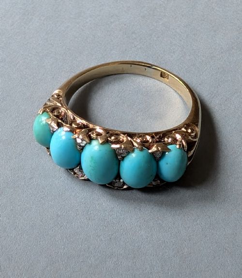 HEAVY VICTORIAN 18CT GOLD TURQUOISE DIAMOND RING - ADDITIONAL PHOTO 2