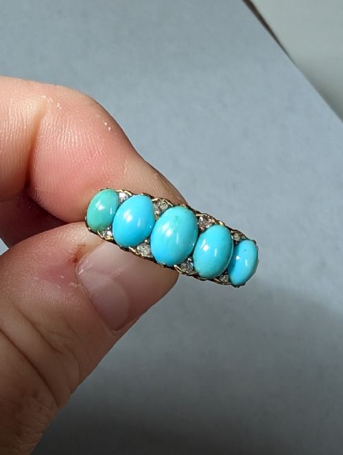 HEAVY VICTORIAN 18CT GOLD TURQUOISE DIAMOND RING - ADDITIONAL PHOTO 4