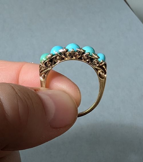 HEAVY VICTORIAN 18CT GOLD TURQUOISE DIAMOND RING - ADDITIONAL PHOTO 5
