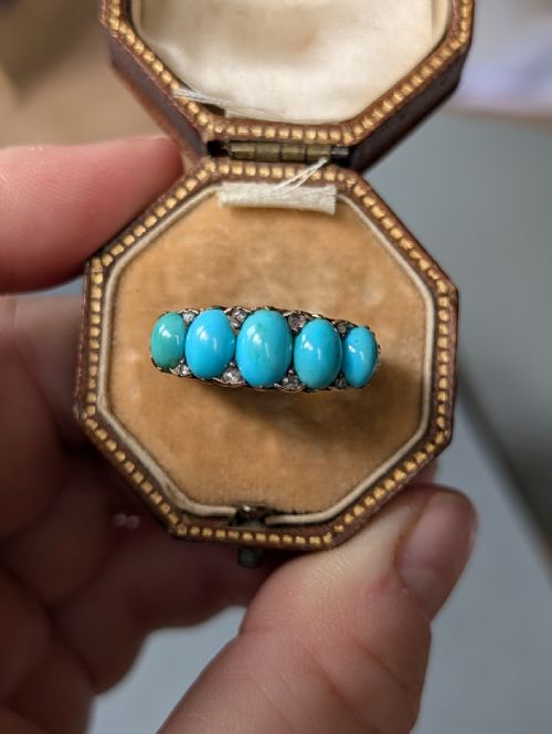 HEAVY VICTORIAN 18CT GOLD TURQUOISE DIAMOND RING - ADDITIONAL PHOTO 7
