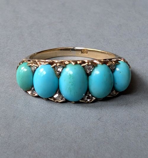 HEAVY VICTORIAN 18CT GOLD TURQUOISE DIAMOND RING - ADDITIONAL PHOTO 8