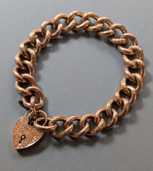 VICTORIAN ENGRAVED 9CT ROSE GOLD CHAIN BRACELET HEART PADLOCK 206G - ADDITIONAL PHOTO 1