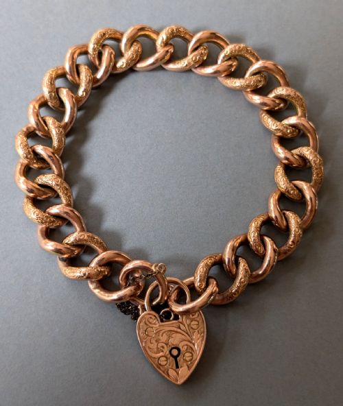 VICTORIAN ENGRAVED 9CT ROSE GOLD CHAIN BRACELET HEART PADLOCK 206G - ADDITIONAL PHOTO 4