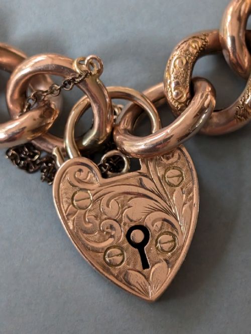 VICTORIAN ENGRAVED 9CT ROSE GOLD CHAIN BRACELET HEART PADLOCK 206G - ADDITIONAL PHOTO 7