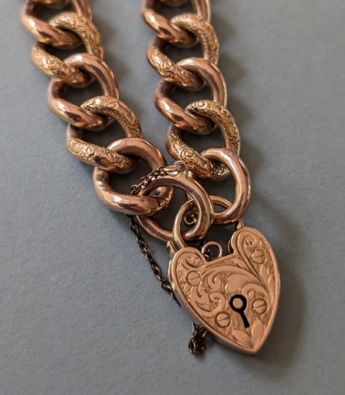 VICTORIAN ENGRAVED 9CT ROSE GOLD CHAIN BRACELET HEART PADLOCK 206G - ADDITIONAL PHOTO 8