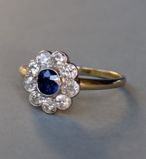 ART DECO 18CT GOLD SAPPHIRE AND DIAMOND DAISY RING - ADDITIONAL PHOTO 6