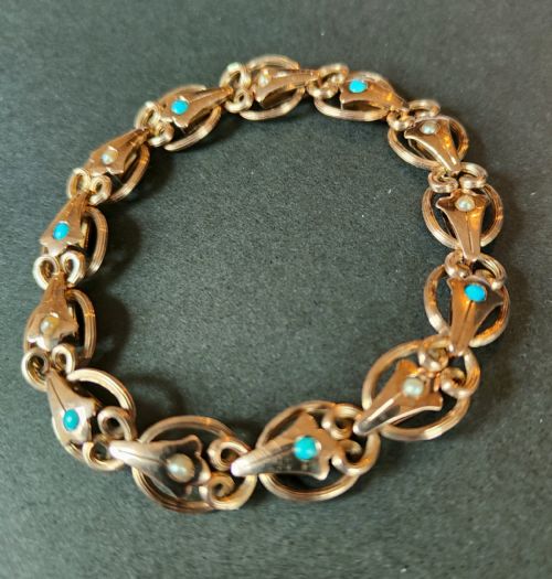 RARE EDWARDIAN 9CT ROSE GOLD TURQUOISE EXPANDABLE BRACELET - ADDITIONAL PHOTO 1
