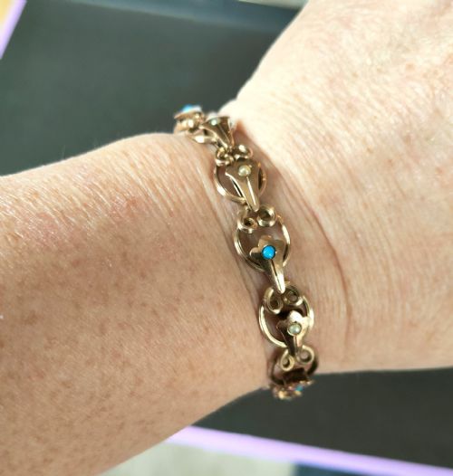 RARE EDWARDIAN 9CT ROSE GOLD TURQUOISE EXPANDABLE BRACELET - ADDITIONAL PHOTO 9