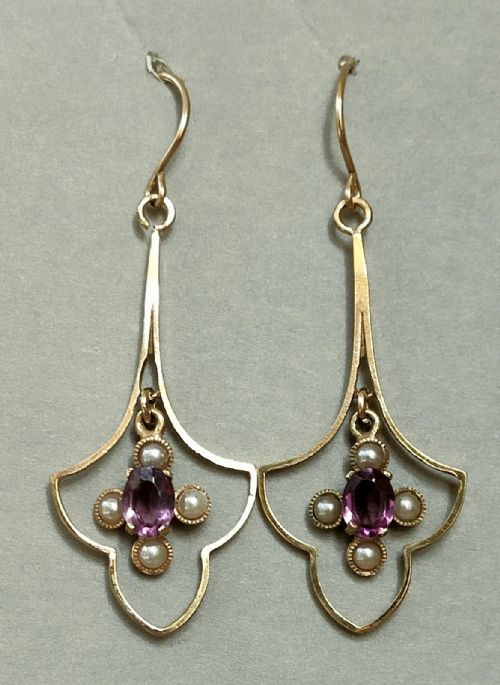 large victorian 9ct gold amethyst pearl earrings - CATEGORY: ANTIQUE JEWELLERY - DATED VICTORIAN