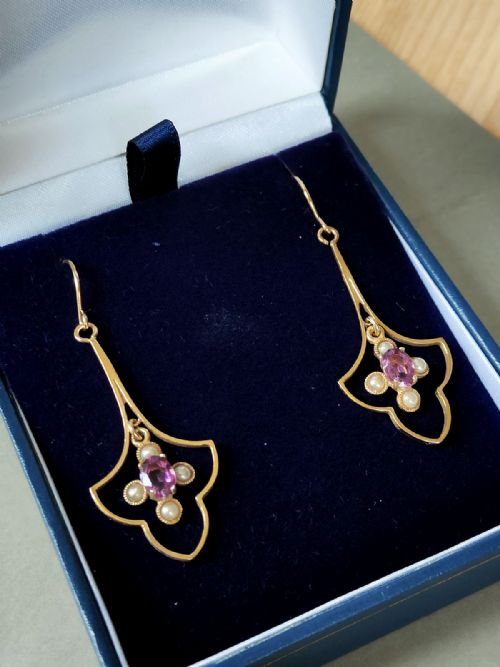 LARGE VICTORIAN 9CT GOLD AMETHYST PEARL EARRINGS - ADDITIONAL PHOTO 1