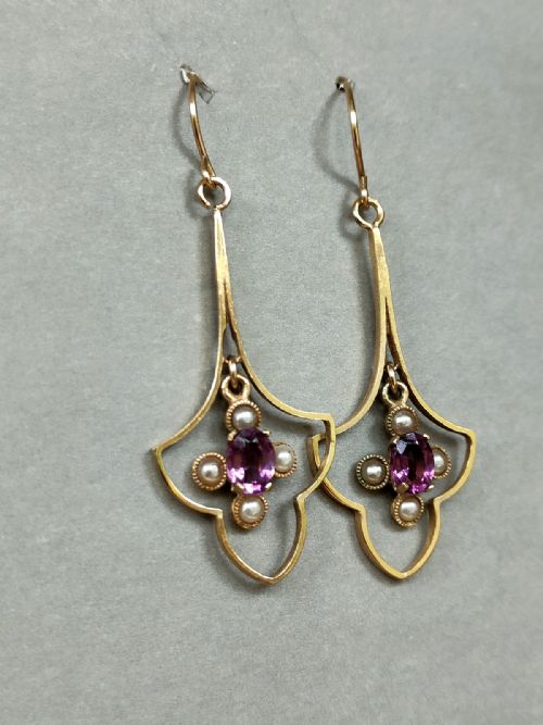 LARGE VICTORIAN 9CT GOLD AMETHYST PEARL EARRINGS - ADDITIONAL PHOTO 3