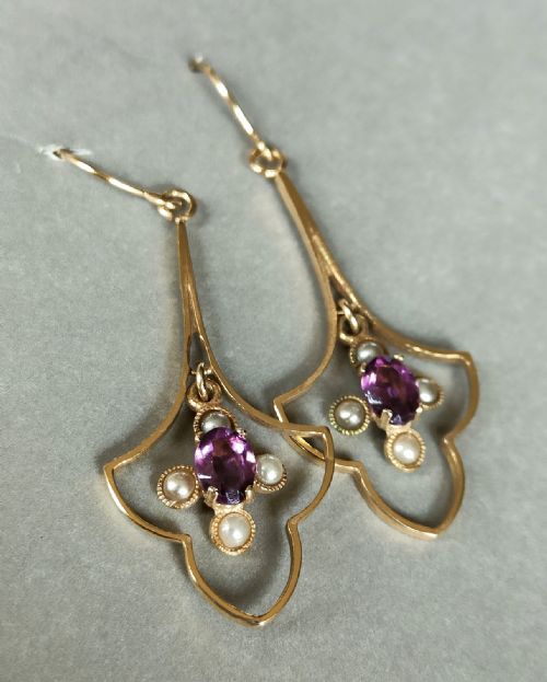 LARGE VICTORIAN 9CT GOLD AMETHYST PEARL EARRINGS - ADDITIONAL PHOTO 4