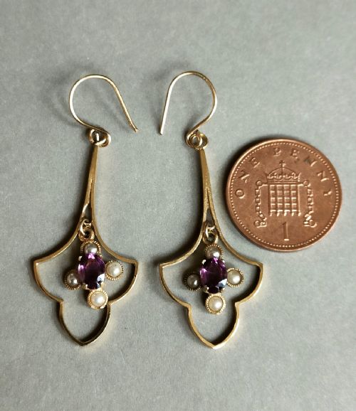 LARGE VICTORIAN 9CT GOLD AMETHYST PEARL EARRINGS - ADDITIONAL PHOTO 6