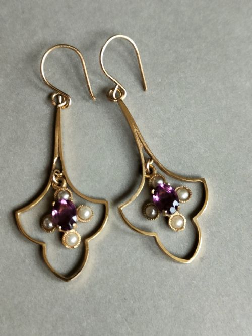 LARGE VICTORIAN 9CT GOLD AMETHYST PEARL EARRINGS - ADDITIONAL PHOTO 7