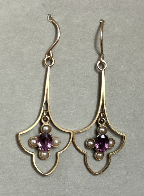 LARGE VICTORIAN 9CT GOLD AMETHYST PEARL EARRINGS - ADDITIONAL PHOTO 8