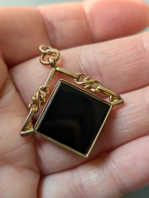 ANTIQUE 9CT GOLD SPINNING FOB BLOODSTONE ONYX - ADDITIONAL PHOTO 4