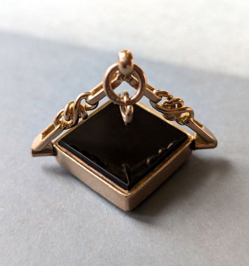 ANTIQUE 9CT GOLD SPINNING FOB BLOODSTONE ONYX - ADDITIONAL PHOTO 6