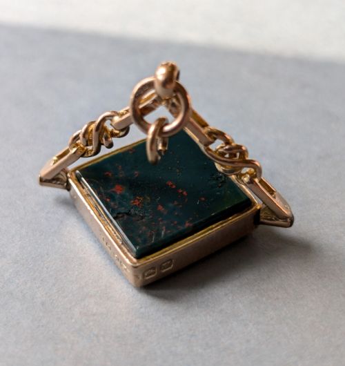 ANTIQUE 9CT GOLD SPINNING FOB BLOODSTONE ONYX - ADDITIONAL PHOTO 7
