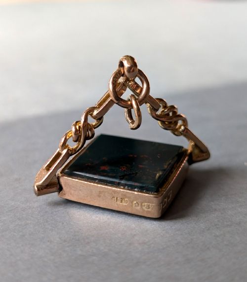 ANTIQUE 9CT GOLD SPINNING FOB BLOODSTONE ONYX - ADDITIONAL PHOTO 8
