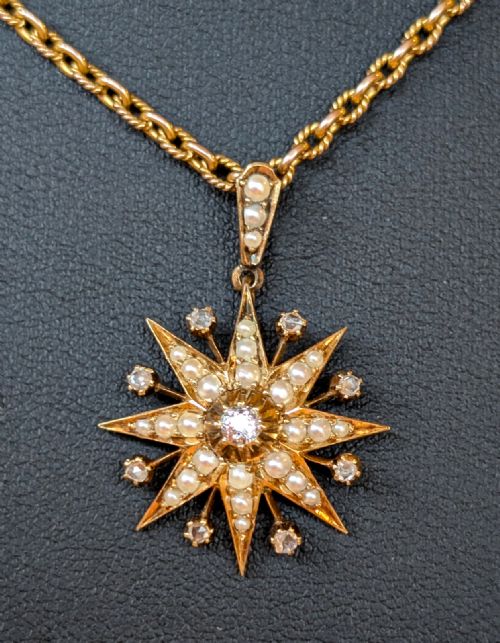 victorian 15ct gold diamond pearl star pendant and chain - CATEGORY: ANTIQUE JEWELLERY - DATED 19TH CENTURY