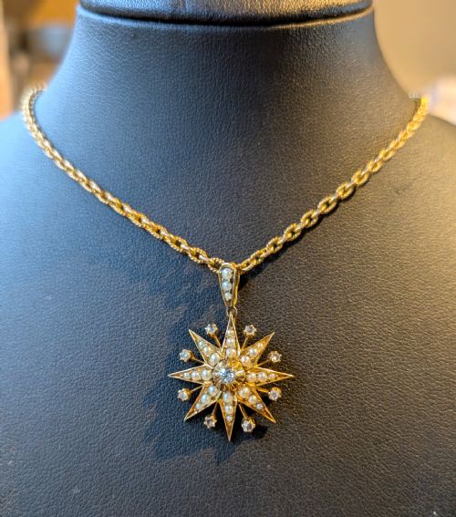 VICTORIAN 15CT GOLD DIAMOND PEARL STAR PENDANT AND CHAIN - ADDITIONAL PHOTO 1