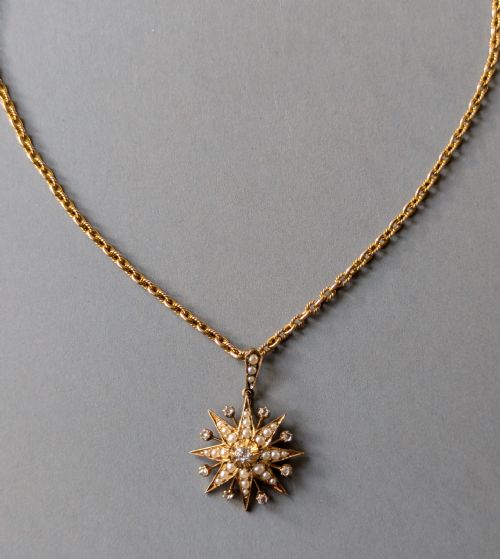 VICTORIAN 15CT GOLD DIAMOND PEARL STAR PENDANT AND CHAIN - ADDITIONAL PHOTO 2