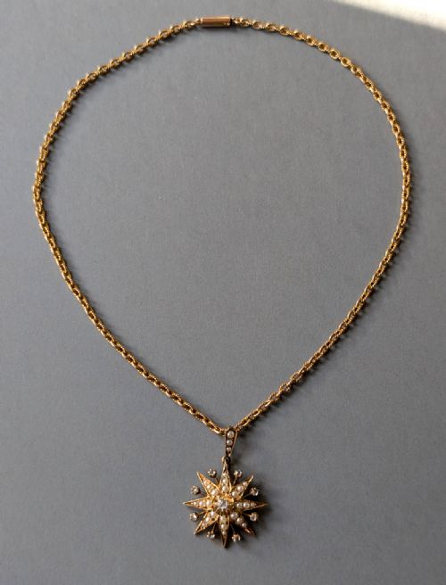 VICTORIAN 15CT GOLD DIAMOND PEARL STAR PENDANT AND CHAIN - ADDITIONAL PHOTO 3