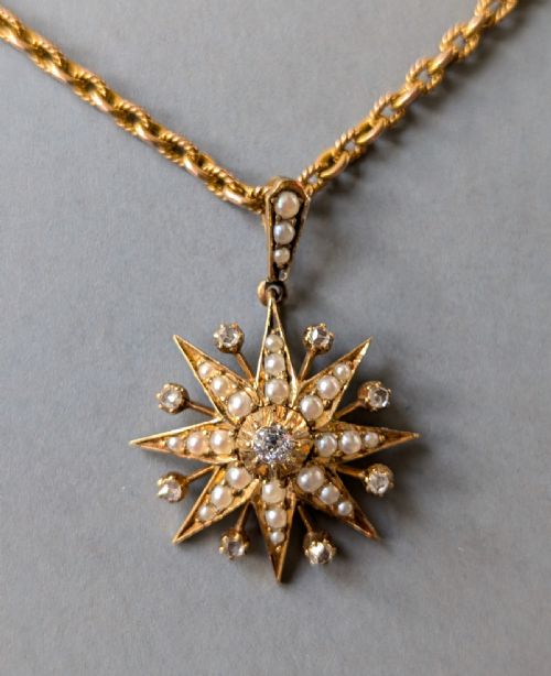 VICTORIAN 15CT GOLD DIAMOND PEARL STAR PENDANT AND CHAIN - ADDITIONAL PHOTO 4