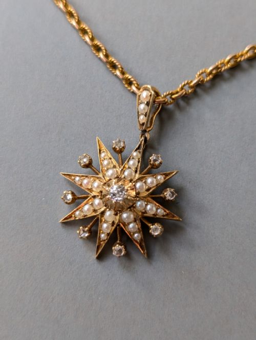 VICTORIAN 15CT GOLD DIAMOND PEARL STAR PENDANT AND CHAIN - ADDITIONAL PHOTO 5