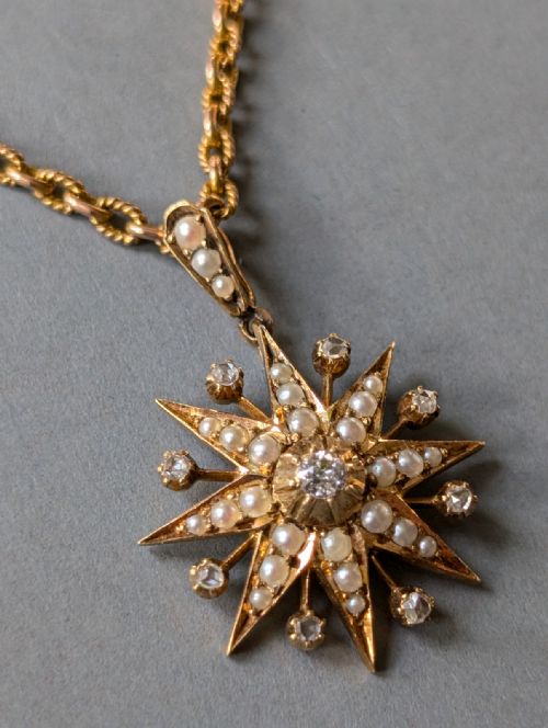 VICTORIAN 15CT GOLD DIAMOND PEARL STAR PENDANT AND CHAIN - ADDITIONAL PHOTO 7