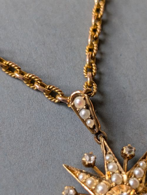 VICTORIAN 15CT GOLD DIAMOND PEARL STAR PENDANT AND CHAIN - ADDITIONAL PHOTO 8