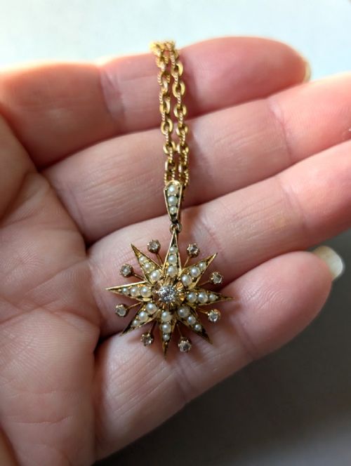 VICTORIAN 15CT GOLD DIAMOND PEARL STAR PENDANT AND CHAIN - ADDITIONAL PHOTO 9