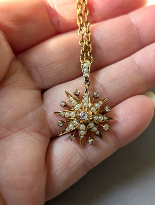 VICTORIAN 15CT GOLD DIAMOND PEARL STAR PENDANT AND CHAIN - ADDITIONAL PHOTO 10
